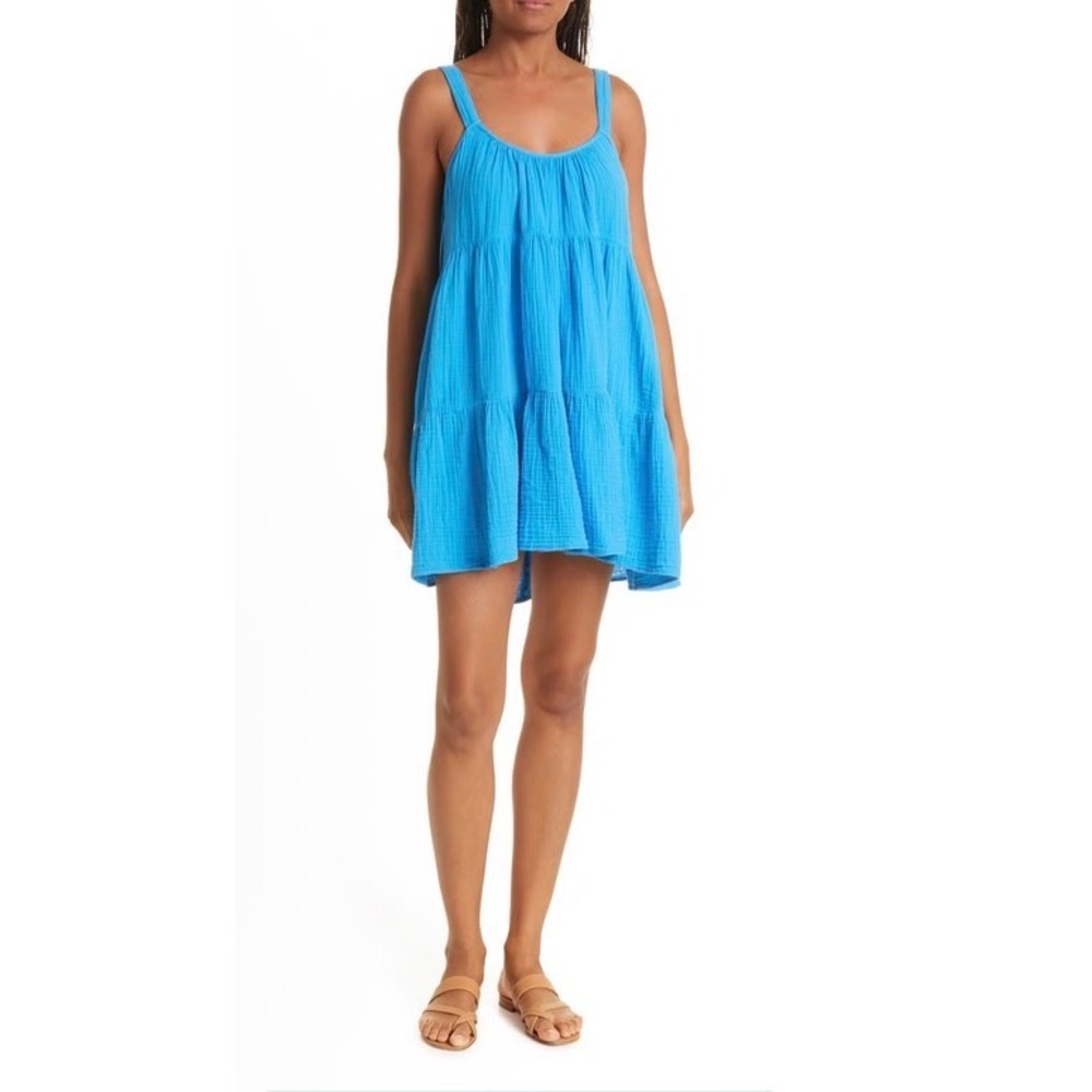 Xirena Blue Cotton Gauze Tiered Mini Dress Large Sleeveless Adjustable Tie